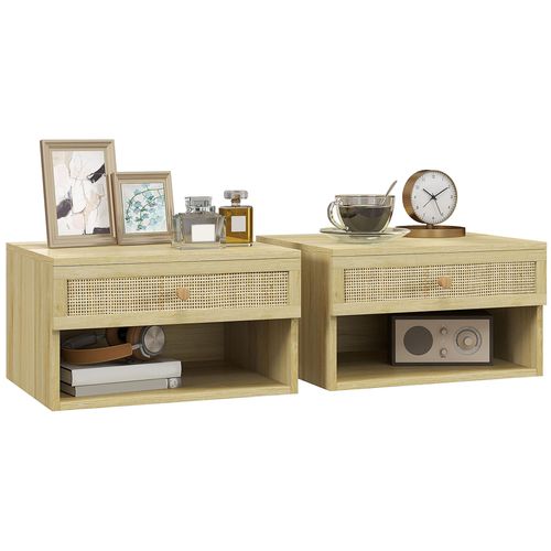 Lot De 2 Chevets Suspendus - Tiroir, Niche, Plateau - Cannage Rotin Aspect Bois Clair