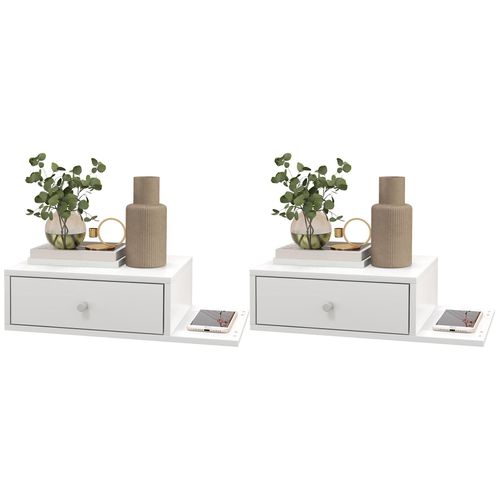 Lot De 2 Chevets Tables De Nuit Murales - Tiroir Coulissant, Étagère Latérale - Dim. 55l X 30p X 15h Cm - Finition Blanche Raffinée Avec Des Poignées Rondes Argentées
