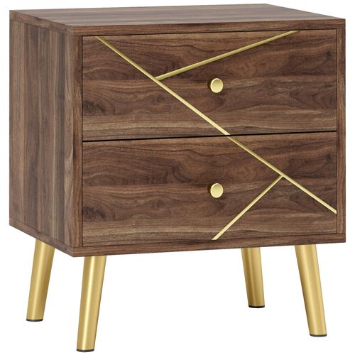 Table De Chevet Design 2 Tiroirs Piètement Effilé Incliné Acier Poignées Boutons Lignes Dorées Effet Bois