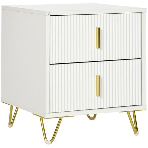 Table De Chevet Table De Nuit 2 Tiroirs Coulissants Façade Ondulée Mdf Blanc Piètement Épingle Métal Doré