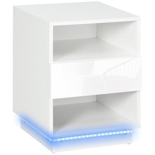 Table De Chevet Table De Nuit Led - Tiroir, Niches, Plateau - 40 X 40 X 55 Cm - Blanc Brillant Laqué