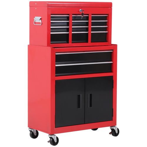 Servante d¿atelier - caisse à outil 6 tiroirs + coffre amovible - chariot d'atelier tôle métal rouge noir