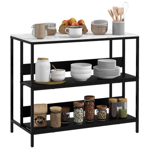 Îlot Central De Cuisine - 2 Étagères, Plateau - Dim. 100l X 50l X 90h Cm - Châssis Acier Panneaux Noirs Plateau Aspect Marbre Blanc