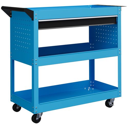 Servante d'atelier chariot à outils 2 étagères plateau grand tiroir tablette à outils acier bleu noir