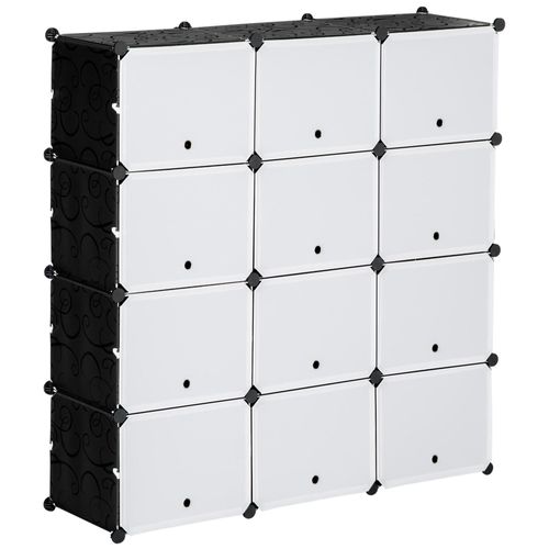 Meuble De Rangement - Meuble À Chaussures Modulable 12 Casiers Avec Portes Et Étagères - Dim. 125l X 32l X 125h Cm - Pp Noir Blanc