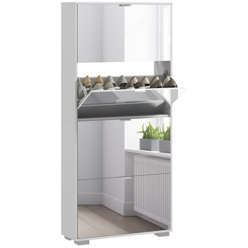 Meuble À Chaussures Grand Miroir 2 En 1 - 4 Portes Abattantes, Étagères Réglables - Blanc Verre