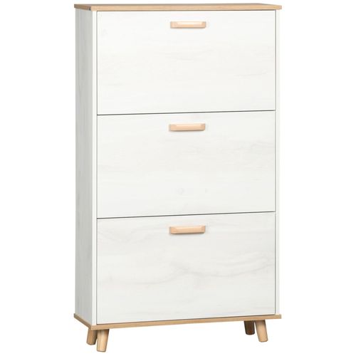 Meuble À Chaussures Design Scandinave 3 Portes Abattantes 3 Étagères Réglables Bois Pin Panneaux Effet Bois Blanc