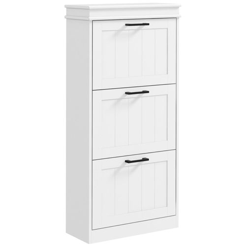 Meuble À Chaussures 3 Portes Abattants 3 Étagères Poignées Métal Noir Mdf Blanc