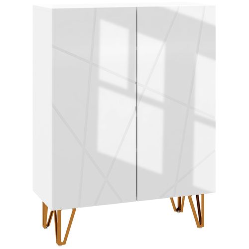 Meuble À Chaussures Style Art Déco 2 Portes 5 Niveaux Piètement Épingle Acier Doré Façade Laquée Blanc