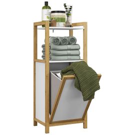 Meuble Bas De Salle De Bain Sur Pied - 2 Étagères, Panier À Linge - Dim. 40l X 30l X 86,5h Cm - Bambou Mdf Blanc