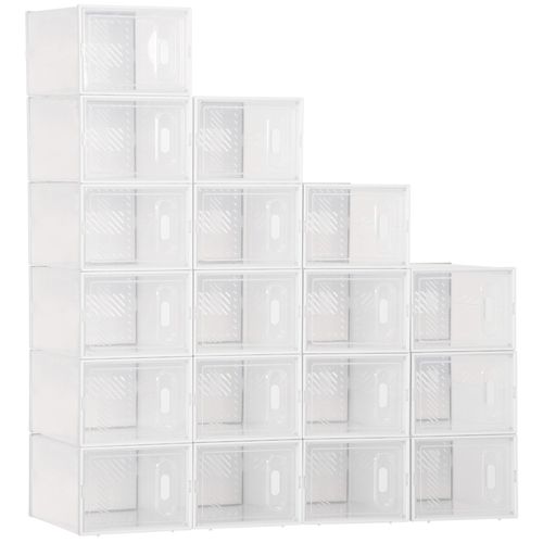 Lot De 18 Boites Cubes Rangement À Chaussures Modulable Avec Portes Transparentes - Dim. 25l X 35l X 19h Cm - Pp Blanc Transparent
