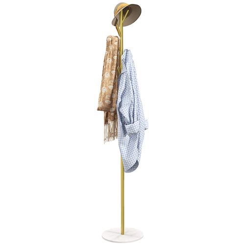 Porte-manteau portant à vêtements, 8 patères, base ronde en marbre, Ø 32 x 164H cm, meuble d'entrée pour vêtements, chapeaux, doré