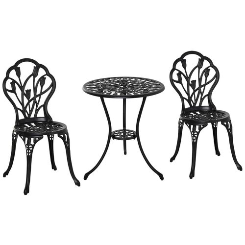 Ensemble Salon De Jardin 2 Places 2 Chaises + Table Ronde Fonte D'aluminium Imitation Fer Forg? Noir