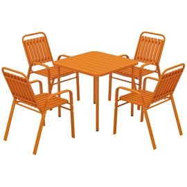Salon De Jardin Extérieur 4 Places 5 Pièces - Chaises Empilables - Plateau Effet Bois Acier Orange