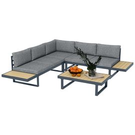 Salon De Jardin D'angle 5 Places Avec Table Basse Coussins Alu Gris Aspect Bois
