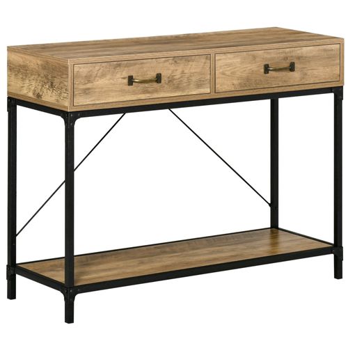 Console Style Industriel 2 Tiroirs Étagère Métal Noir Aspect Bois