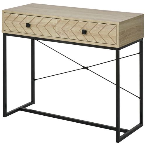 Table Console Industriel 2 Tiroirs Bois Naturel Pieds Métal Dim. 90 X 35 X 76 Cm