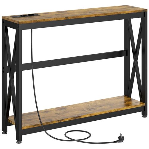 Console D'entrée Style Industriel 2 Niveaux - Prises De Courant Et Usb Intégrées - Dim. 100 X 24 X 75 Cm - Acier Noir Effet Bois