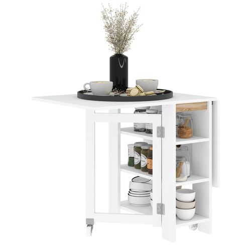 Table À Manger Pliable - Roulettes, 2 Abattants, 3 Étagères - Dim. 120l X 60l X 75h Cm - Blanc