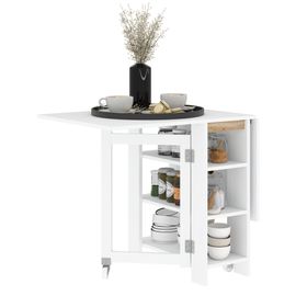 Table À Manger Pliable - Roulettes, 2 Abattants, 3 Étagères - Dim. 120l X 60l X 75h Cm - Blanc