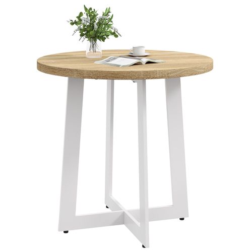 Table À Manger Ronde 4 Places Piètement Acier Blanc Aspect Chêne Clair