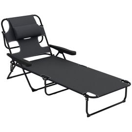 Bain De Soleil Transat Pliable Inclinable - Coussins, Espace Tête - Acier Noir Polyester Antracite
