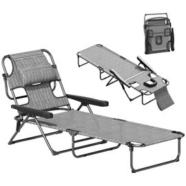 Bain De Soleil Transat Pliable Inclinable - Coussins, Espace Tête - Acier Noir Polyester Gris Chiné