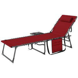 Bain De Soleil Transat Pliable Inclinable Avec Poignée, Plateau Et Pochette Rangement Acier Oxford Bordeaux