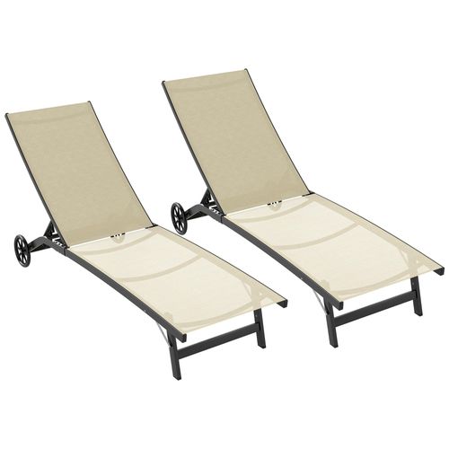 Lot De 2 Bains De Soleil Transats Inclinables - 2 Roulettes - Alu. Textilène Beige Kaki