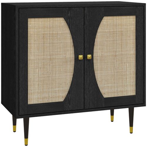 Buffet 2 Portes 2 Étagères Style Bohème Cannage Rotin Aspect Bois Noir
