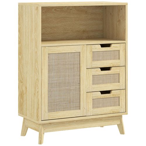 Buffet Cannage Effet Bois Style Bohème Chic - 3 Tiroirs, Porte, Étagère, Grande Niche