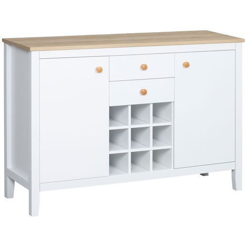Buffet 2 Tiroirs 2 Portes Étagères Réglables Range-Bouteilles 9 Bouteilles Blanc Effet Bois