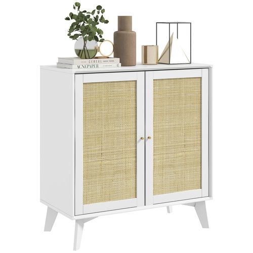 Buffet 2 Portes Étagère Style Bohème Chic Cannage Rotin Panneaux Blanc