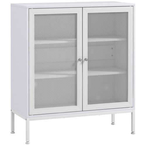 Buffet Bas Sur Pied 2 Portes Grillagées 2 Étagères Acier Bois Blanc