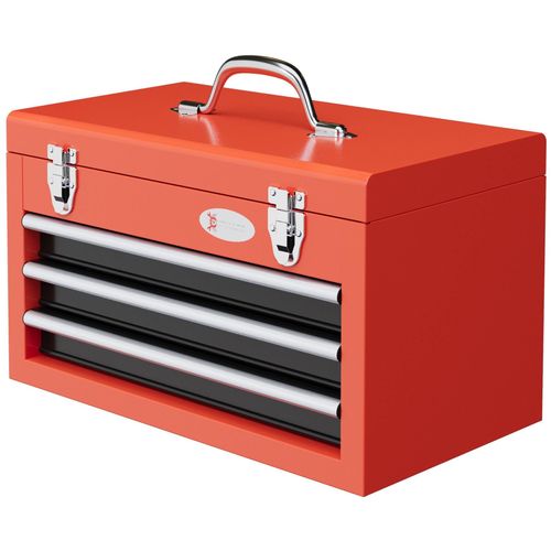 Boite À Outils Métallique Caisse À Outils 3 Tiroirs + Plateau Tapis Eva Poignée Tôle Acier Rouge Noir