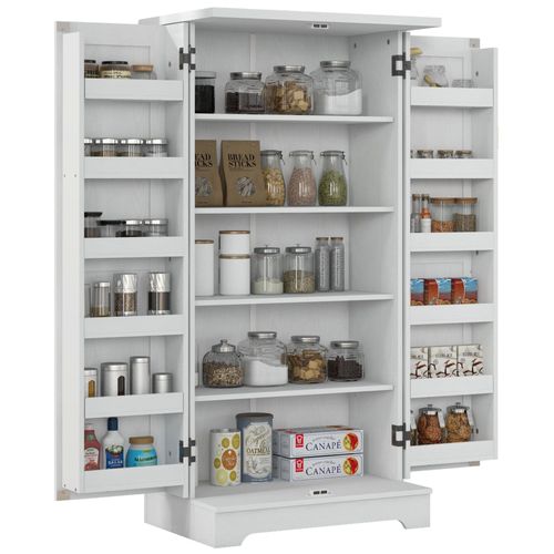 Buffet Armoire De Cuisine 5 Niveaux Réglables - 2 Portes Avec 12 Porte-Épices - Aspect Bois Blanc Cassé
