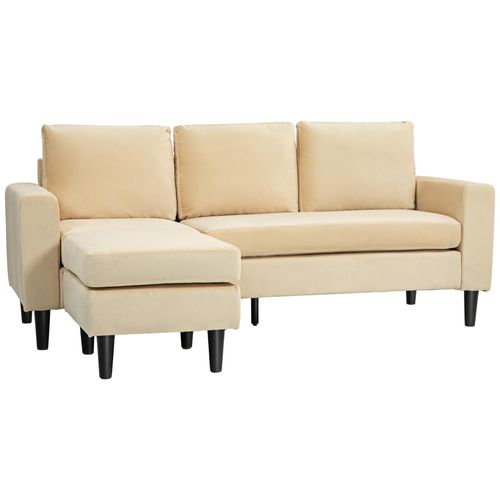 Canapé D'angle Réversible 3 Places Piètement Effilé Bois Noir Revêtement Velours Beige