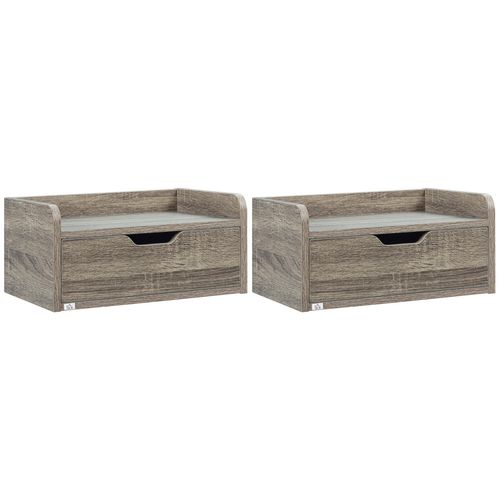 Lot De 2 Chevets Tables De Nuit Murales - Tiroir Coulissant, Plateau - Dim. 40l X 30l X 19h Cm - Panneaux Aspect Bois Gris