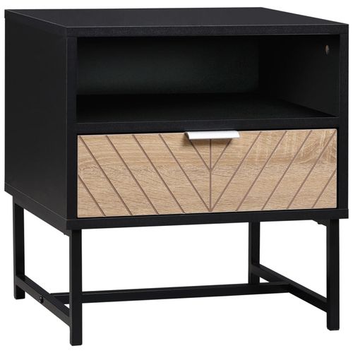 Table De Chevet Table De Nuit Style Industriel Tiroir Niche Piètement Métal Panneaux Particules Aspect Bois De Chêne Sculpté À Chevrons Noir