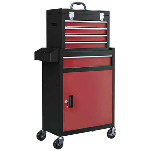 Servante d'atelier - chariot d'atelier d'outillage - 5 tiroirs, porte verrouillable - caisse à outils amovible - acier rouge noir