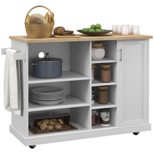 Desserte De Cuisine Îlot Multi-Rangement Mdf Blanc Plateau Bois Hévéa Verni