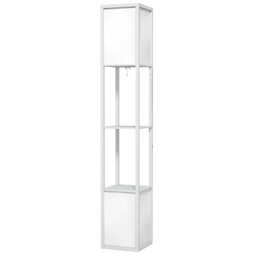 Lampadaire Étagères Design H.156 Cm Double Éclairage Abat-Jour Tissu Blanc