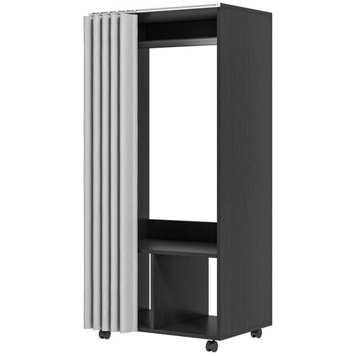 Armoire Penderie Sur Roulettes - Tringle Penderie, 2 Compartiments - Effet Bois Noir Rideau Gris