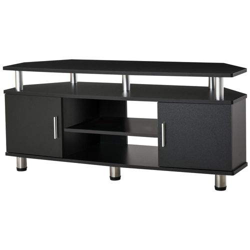 Meuble Banc Tv Design Contemporain Multi-Rangements : 2 Portes Niche Centrale Étagère Grand Plateau 120l X 40l X 52h Cm Noir Chromé