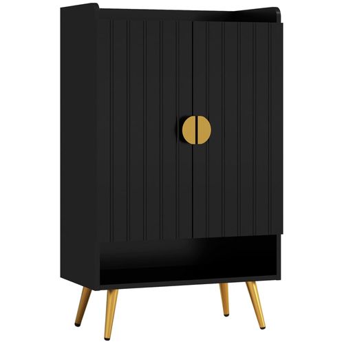 Meuble À Chaussures Style Art Déco 2 Portes 3 Étagères Réglables Niche Acier Doré Panneaux Noir