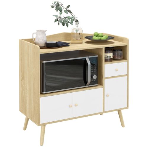 Meuble De Rangement Buffet De Cuisine Pour Micro-Ondes Avec Placards Tiroir 85 X 40 X 88,5 Cm Naturel Et Blanc