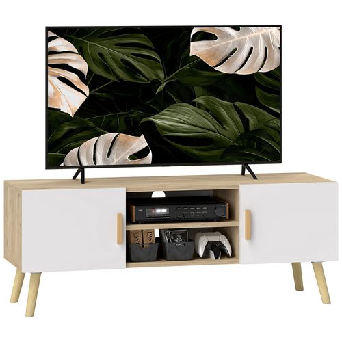 Meuble Tv Banc Tv Design Scandinave 2 Portes 2 Niches - Blanc Effet Chêne Clair