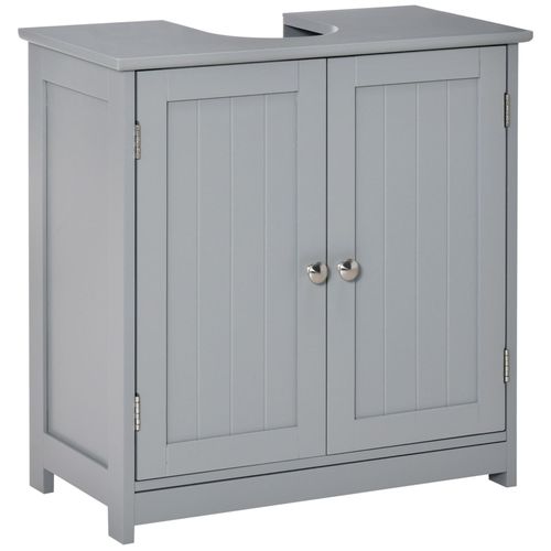 Meuble Vasque - Meuble Sous-Vasque - 2 Portes Rainurées Avec Étagère Réglable - Poignées Métal Chromé - Dim. 60l X 30l X 60h Cm - Mdf Gris