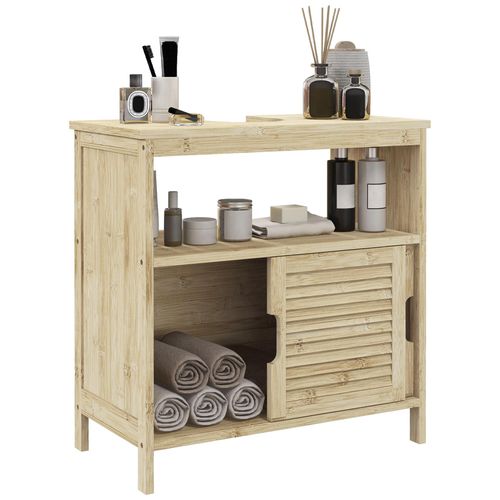 Meuble Sous Vasque Style Cosy Naturel - 2 Portes Coulissantes - Dim. 60l X 30l X 60h Cm - Bambou Verni