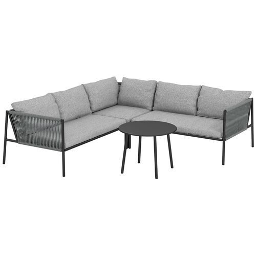 Salon De Jardin D'angle 5 Places En Résine Tressée Avec Table Basse Et Coussins Gris